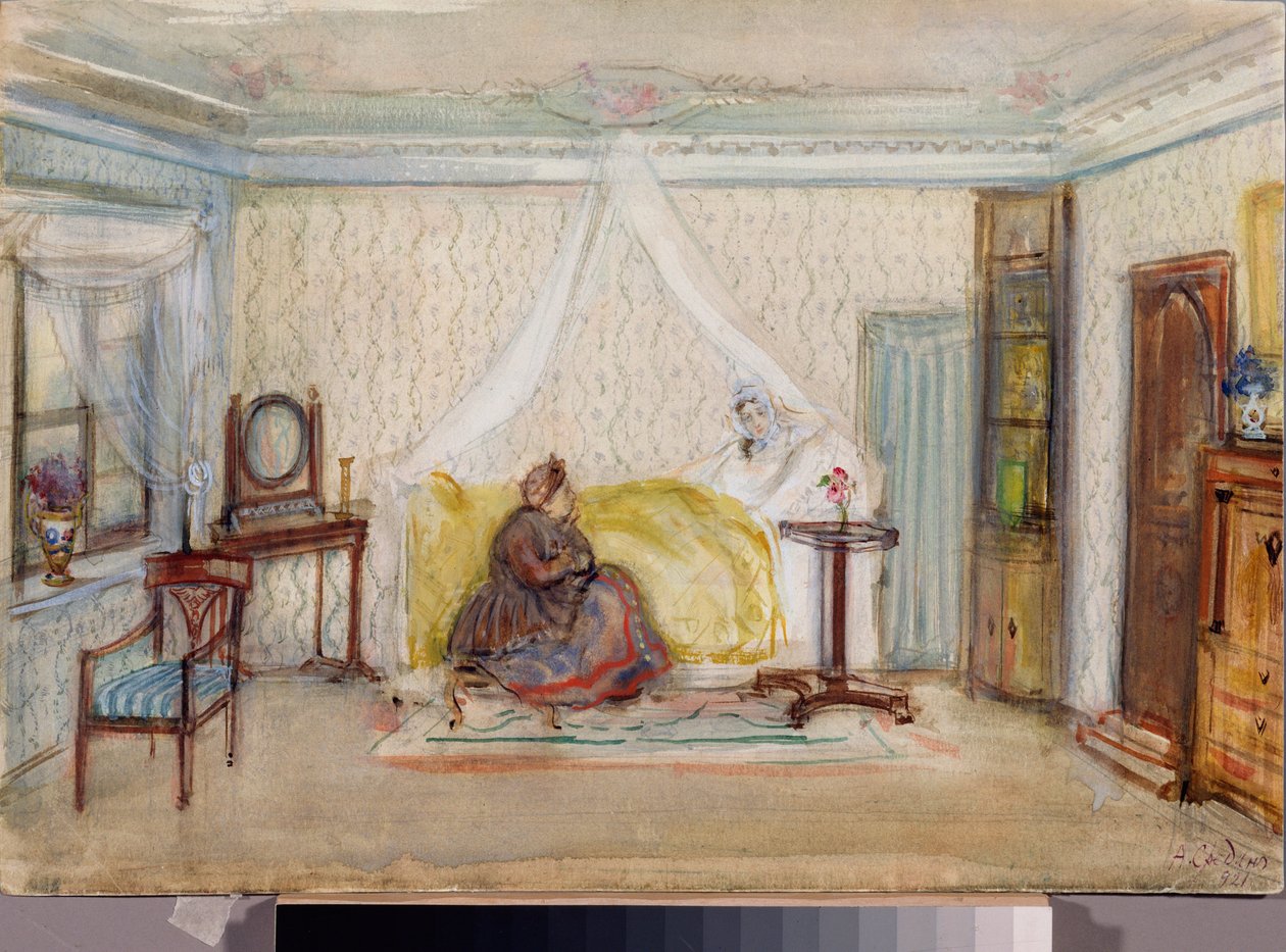 Scenedesign til operaen "Eugene Onegin" af Piotr Tchaikovsky (1840-1893) (Scenedesign til operaen Eugene Onegin af P Tchaikovsky) - Oeuvre de Alexander Valentinovich Sredin (Sredine) (1872-1934), akvarel og hvid på papir af Alexander Sredin