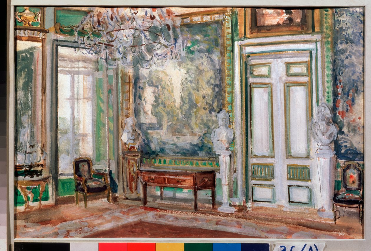 Gobelinhallen i grev Sheremetyevs Kuskovo-palads - Værk af Alexander Valentinovich Sredin (Sredine) (1872-1934), gouache på papir af Alexander Sredin