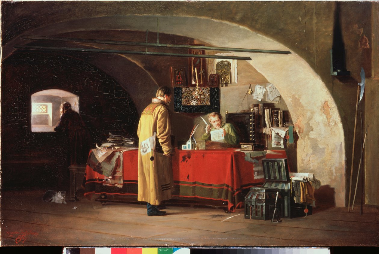 Et administrativt kontor i Fyrstendømmet Moskva (Et kontor i Muscovy) - Maleri af Alexander Stepanovich Yanov (1857-1918), olie på lærred af Alexander Stepanovich Yanov