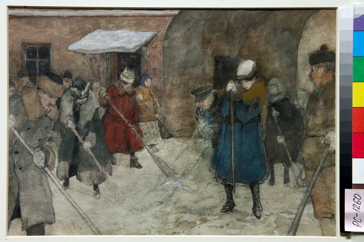 Folk fejer sne i en gade om vinteren - Kunstværk af Alexander Ivanovich Vakhrameyev (1874-1926), ca. 1921 - Snerydning - Akvarel, hvid farve, sort kridt på papir af Alexander Ivanovich Vakhrameyev (1874-1926), ca 1921 - 294x. ,5 cm - St af Alexander Vakhrameyev