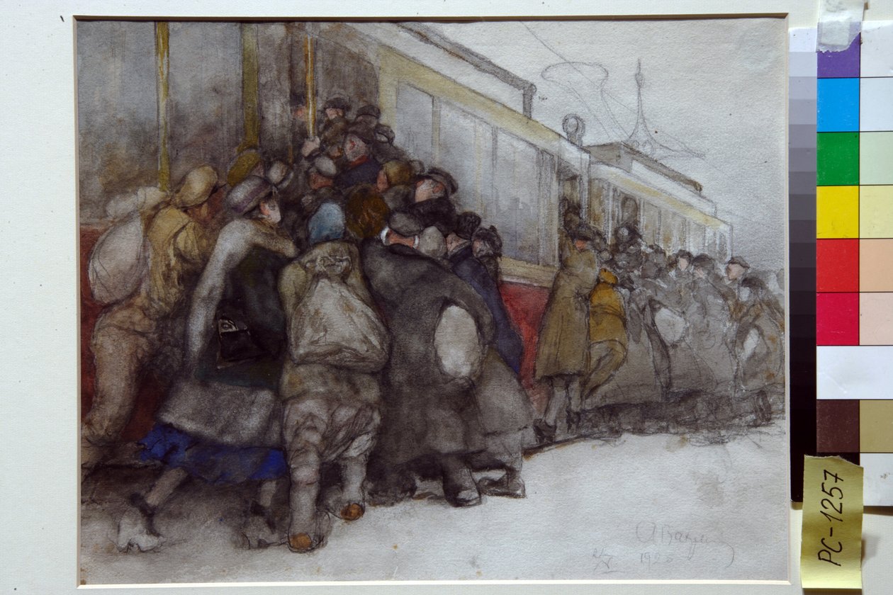 Folk prøver at gå ombord på en allerede fuld sporvogn - Kunstværk af Alexander Ivanovich Vakhrameyev (1874-1926) af Alexander Vakhrameyev