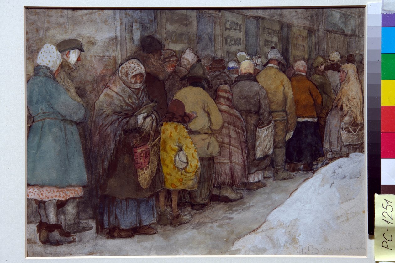 Kø i Rusland under hungersnøden 1920-1921 - Kunstværk af Alexander Ivanovich Vakhrameyev (1874-1926), ca. 1921 - Køen - Akvarel, hvid farve, sort kridt på papir af Alexander Ivanovich Vakhrameyev (1874-1926), ca. 22x29,5 cm - af Alexander Vakhrameyev