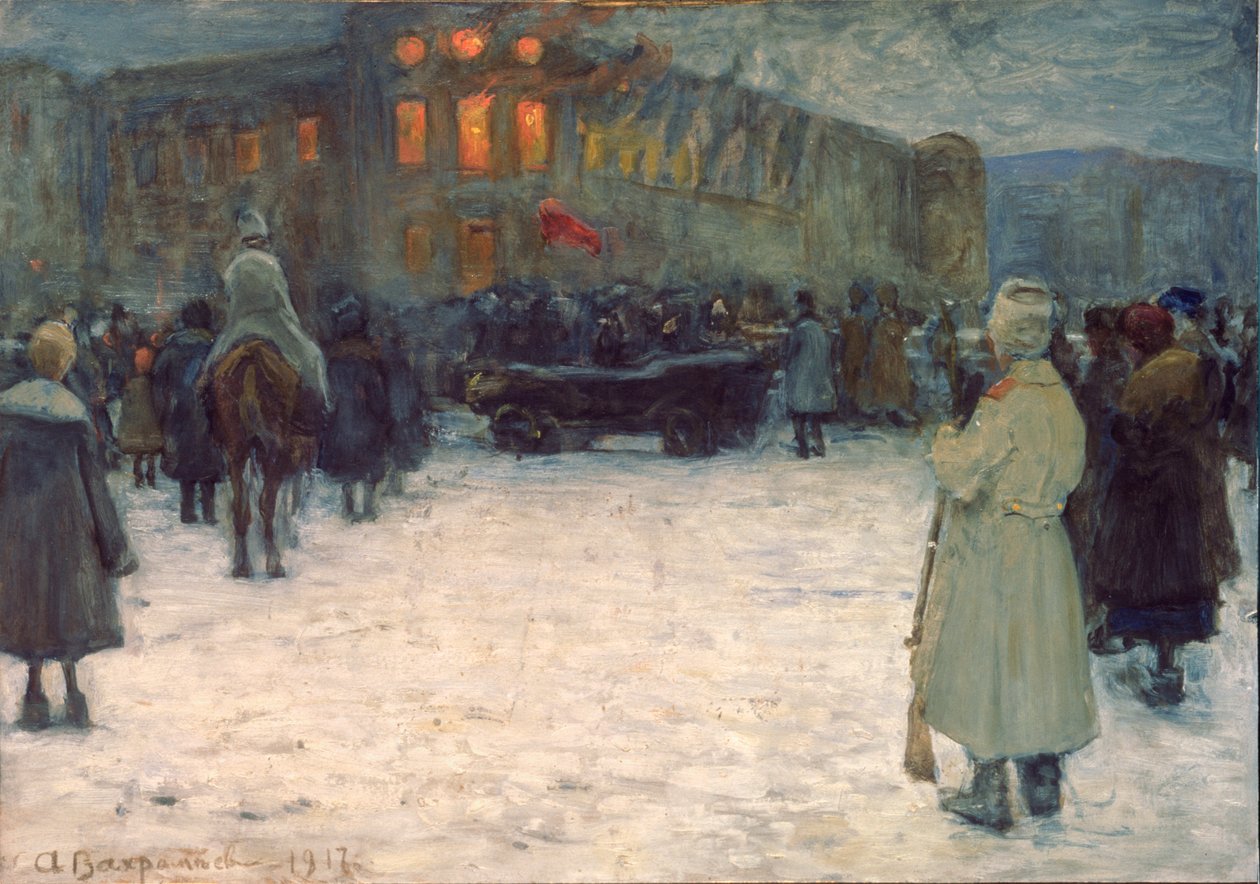 En brand ved det litauiske slot, februarrevolutionen 1917, Skt. Petersborg - Værk af Alexander Ivanovich Vakhrameyev (1874-1926), gouache på papir af Alexander Vakhrameyev