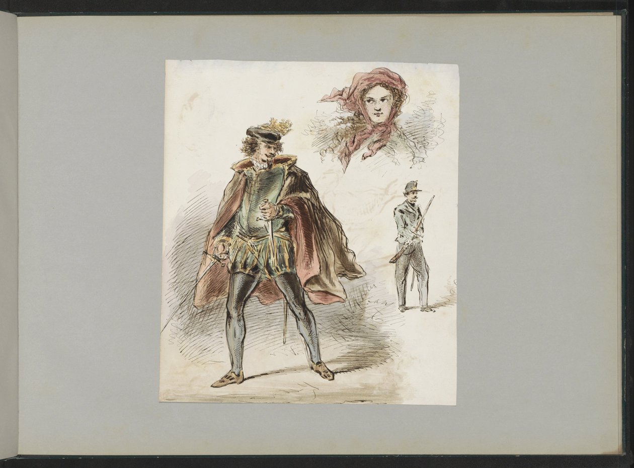 Mand i historisk kostume, en kvinde med tørklæde og en soldat af Alexander Ver Huell