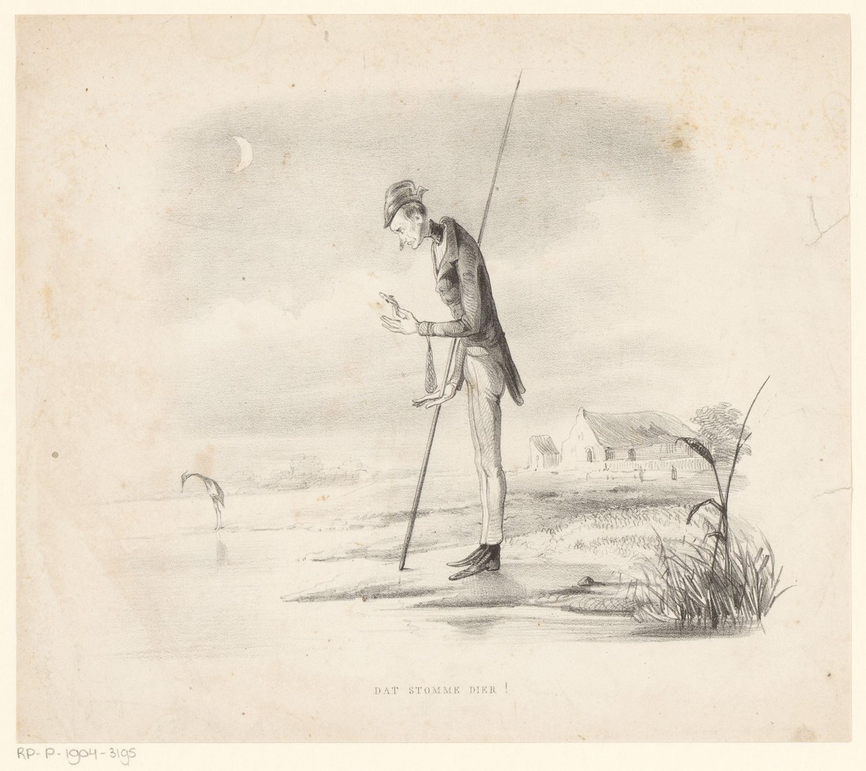 Fisherman ser skuffet på sin fangst Det dumme dyr! (titel på objekt) af Alexander Ver Huell