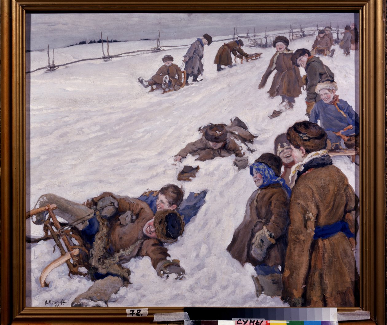 Vintersport (Vintersport). Slædescene, i en snedækket mark, varmt klædte børn, der hygger sig og griner højt. Maleri af Alexander Viktorovich (Alexander Victor) Moravov (1878-1951), olie på lærred af Alexander Viktorovich Moravov
