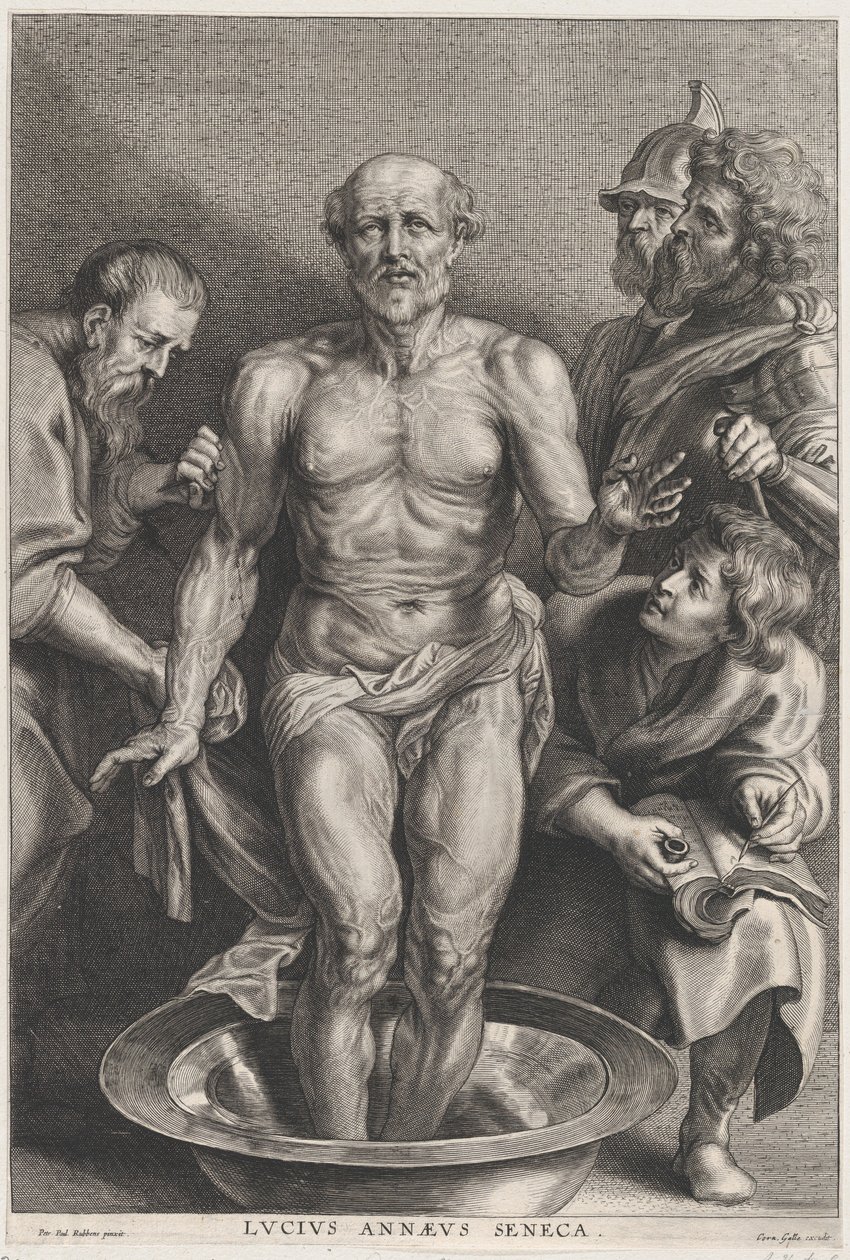 Senecas død, stående i midten med fødderne i et bassin med vand, støtte..., ca. 1655-78. af Alexander Voet