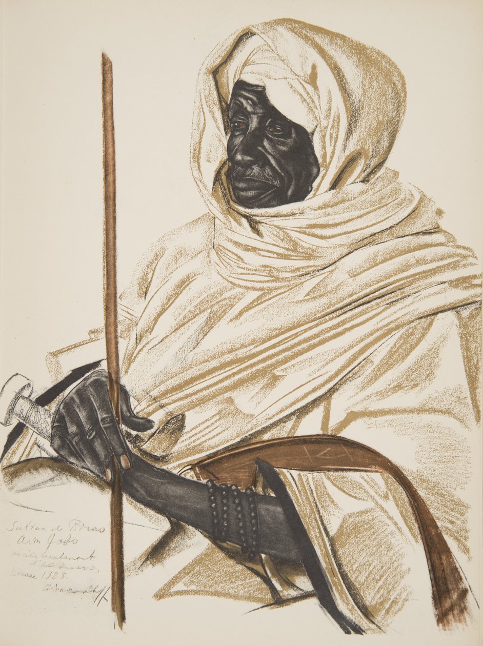 Sigt Gabo, Sultan af Birao, fra Drawings and Paintings of Africa, henrettet under Citroen Centre Afrique-ekspeditionen, anden Haardt Audouin-Dubreuil-mission, pub. Paris, 1927 af Alexander Yakovlev