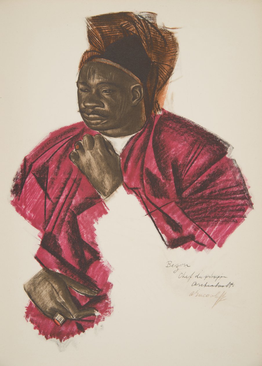 Bezou, gruppeleder (Fort Archambault), fra Drawings and Paintings of Africa, henrettet under Citroen Center Afrique-ekspeditionen, anden Haardt Audouin-Dubreuil-mission, pub. Paris, 1927 (colou af Alexander Yakovlev
