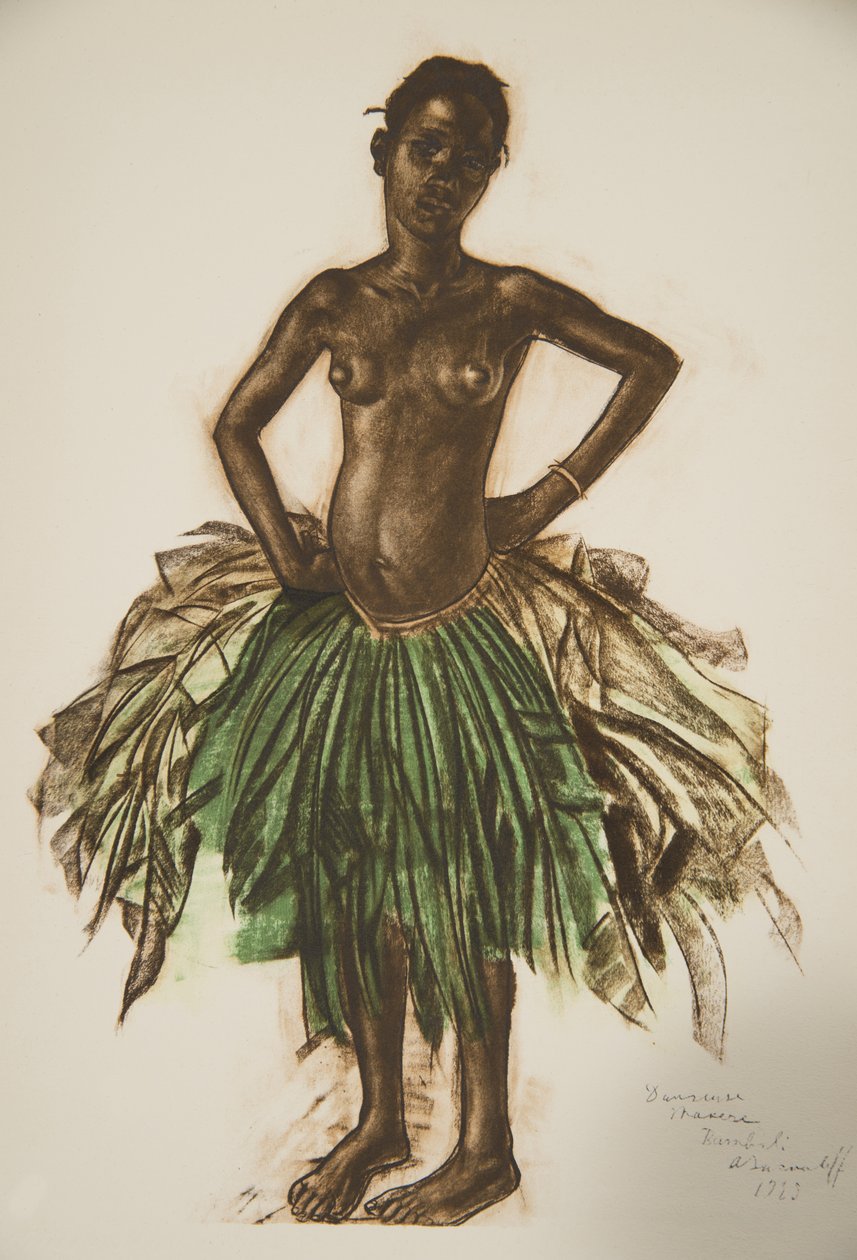 Danseuse Makere (Bambili), fra Drawings and Paintings of Africa, optrådte under Citroen Centre Afrique-ekspeditionen, anden Haardt Audouin-Dubreuil-mission, pub. Paris, 1927 af Alexander Yakovlev