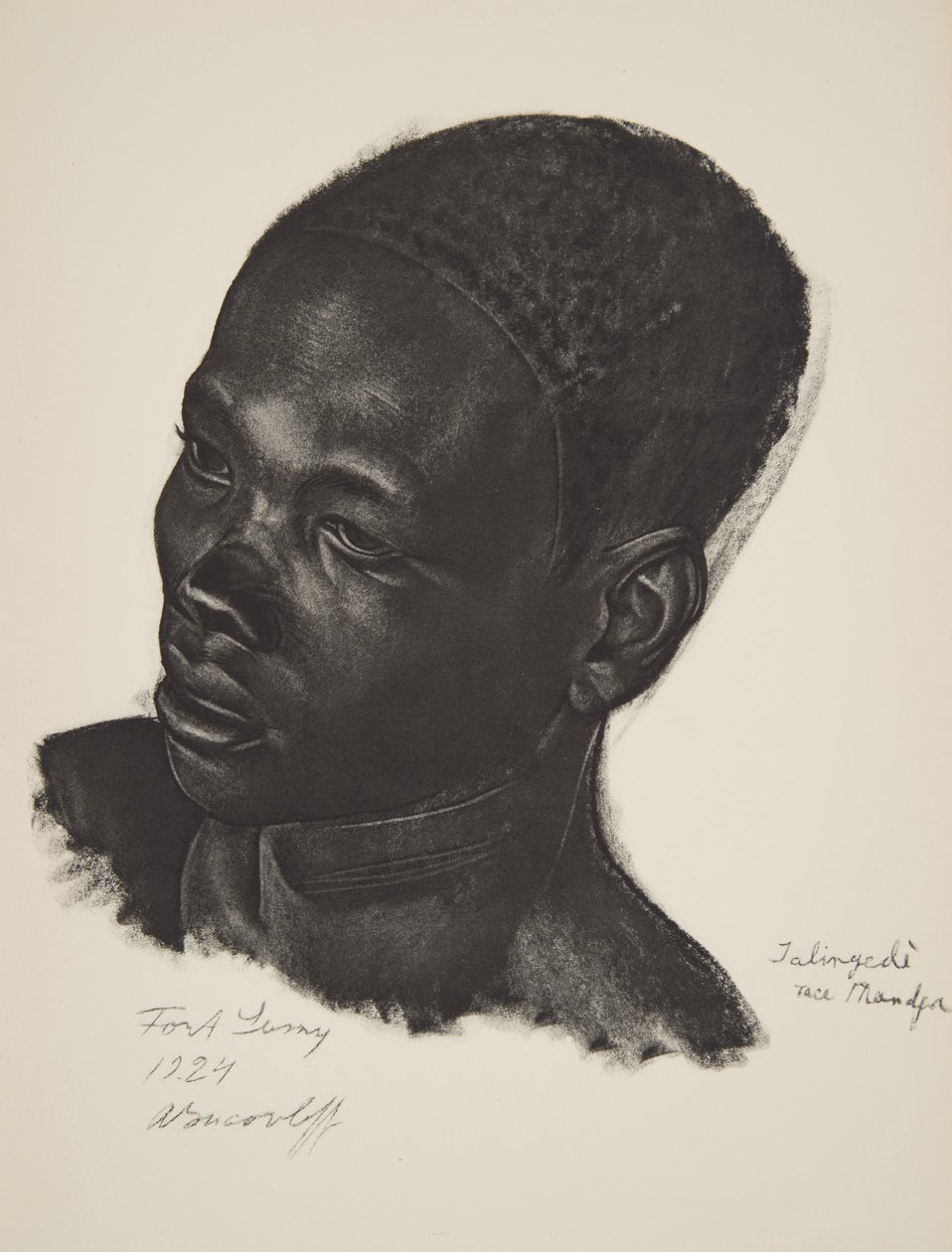 Ialingede, Mandja race. (Fort Lamy), fra Drawings and Paintings of Africa, udført under Citroen Centre Afrique-ekspeditionen, anden Haardt Audouin-Dubreuil-mission, pub. Paris, 1927 (farve oplyst af Alexander Yakovlev