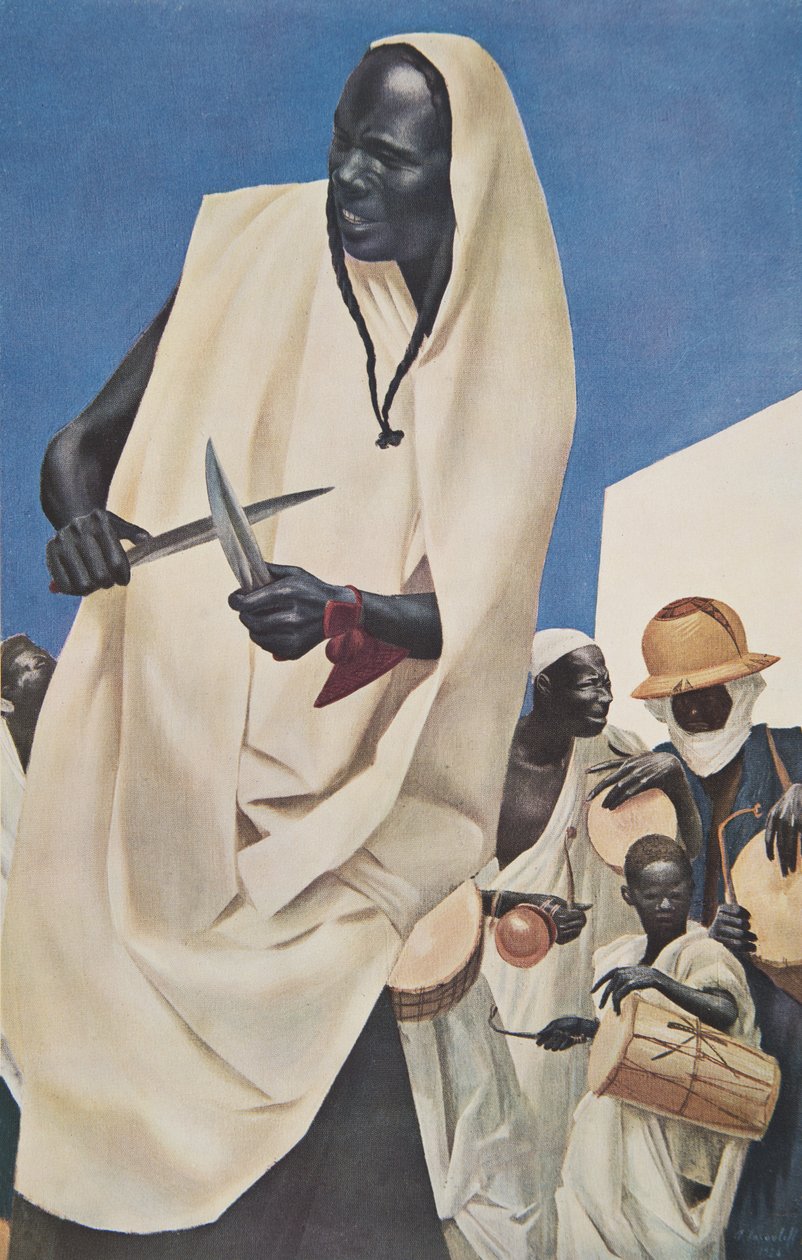 La Danse du Kuli-Kuta (Niamey) Parodi på gamle menneskeofre fra Dahomey), fra Drawings and Paintings of Africa, udført under Citroen Center Afrique-ekspeditionen, anden Haardt-mission af Alexander Yakovlev