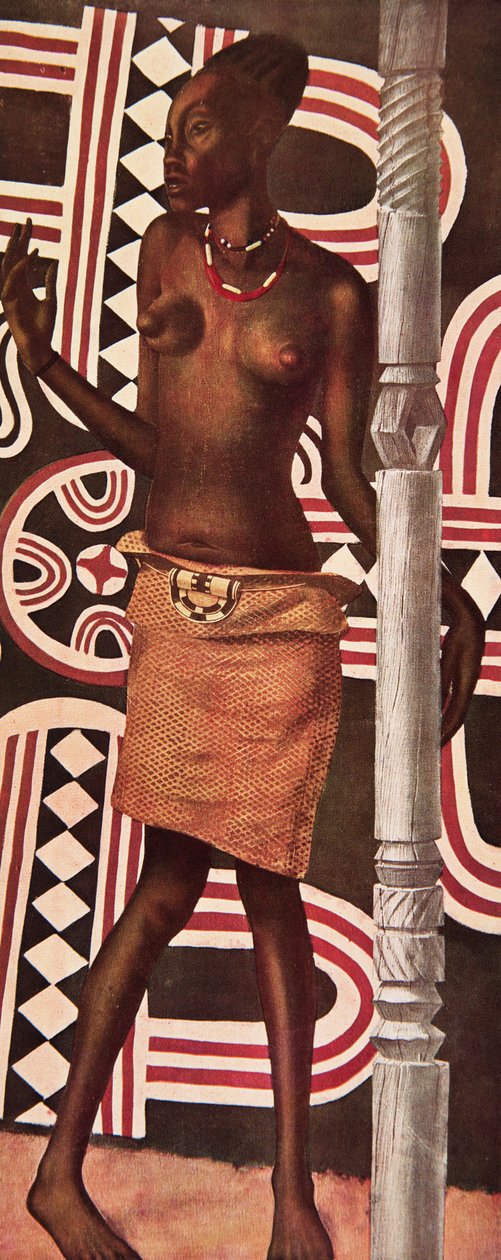 Molende, la Mangbetou, fra Drawings and Paintings of Africa, udført under Citroen Centre Afrique-ekspeditionen, anden Haardt Audouin-Dubreuil-mission, pub. Paris, 1927 af Alexander Yakovlev