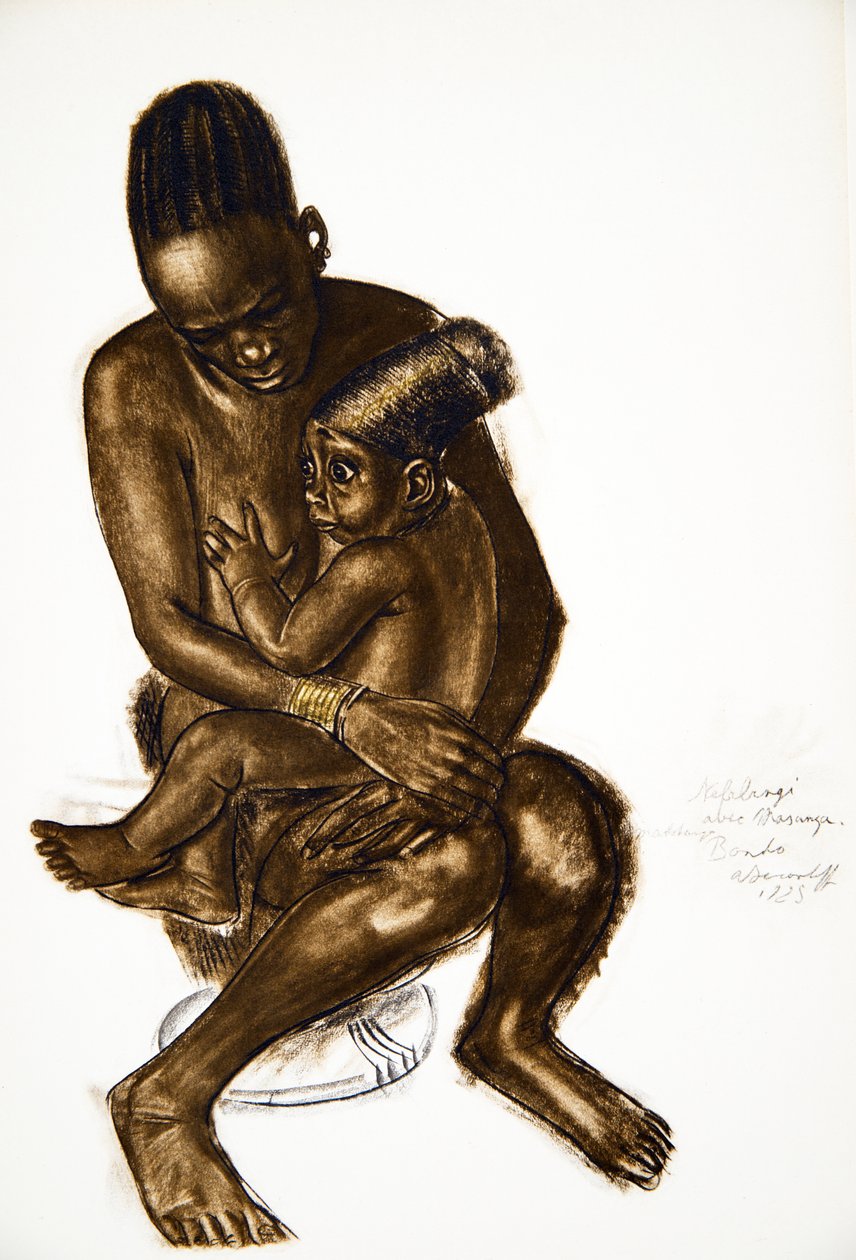Nafarangui, kone til Eki Bondo med hendes barn (Bondo) Haut Ouelle, fra Drawings and Paintings of Africa, henrettet under Citroen Center Afrique-ekspeditionen, anden Haardt Audouin-Dubreuil-mission, af Alexander Yakovlev