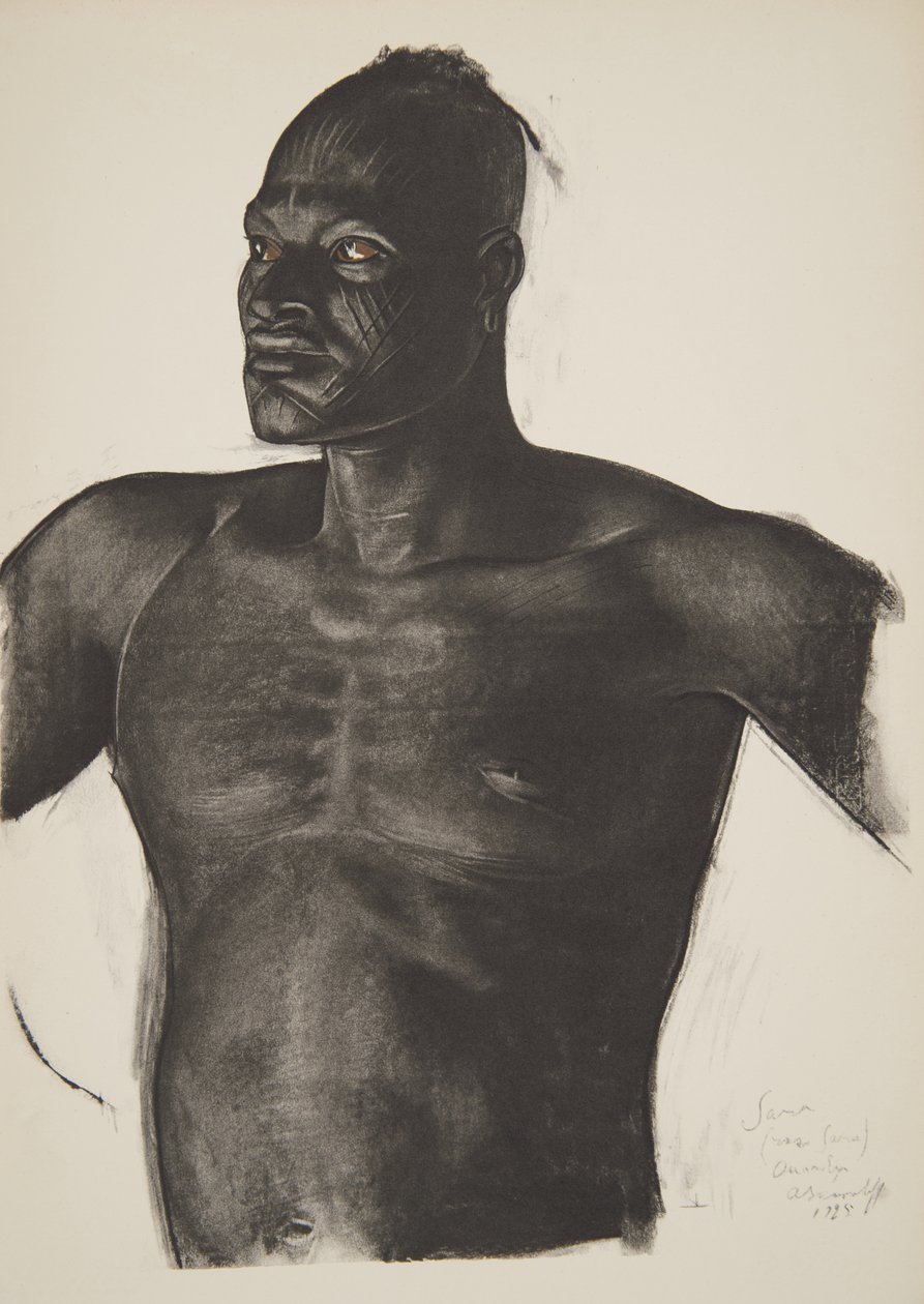 Sara le Pisteur (Bahr Ouandja), fra Drawings and Paintings of Africa, henrettet under Citroen Centre Afrique-ekspeditionen, anden Haardt Audouin-Dubreuil-mission, pub. Paris, 1927 af Alexander Yakovlev