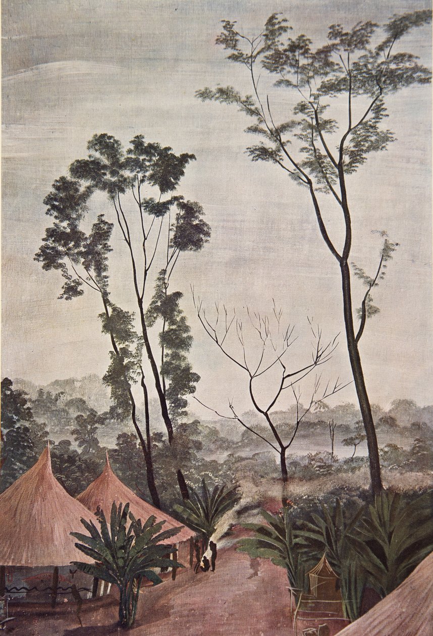 Un Village dans LOubangui - Chari, fra Drawings and Paintings of Africa, udført under Citroen Centre Afrique-ekspeditionen, anden Haardt Audouin-Dubreuil-mission, pub. Paris, 1927 (farve litho af Alexander Yakovlev