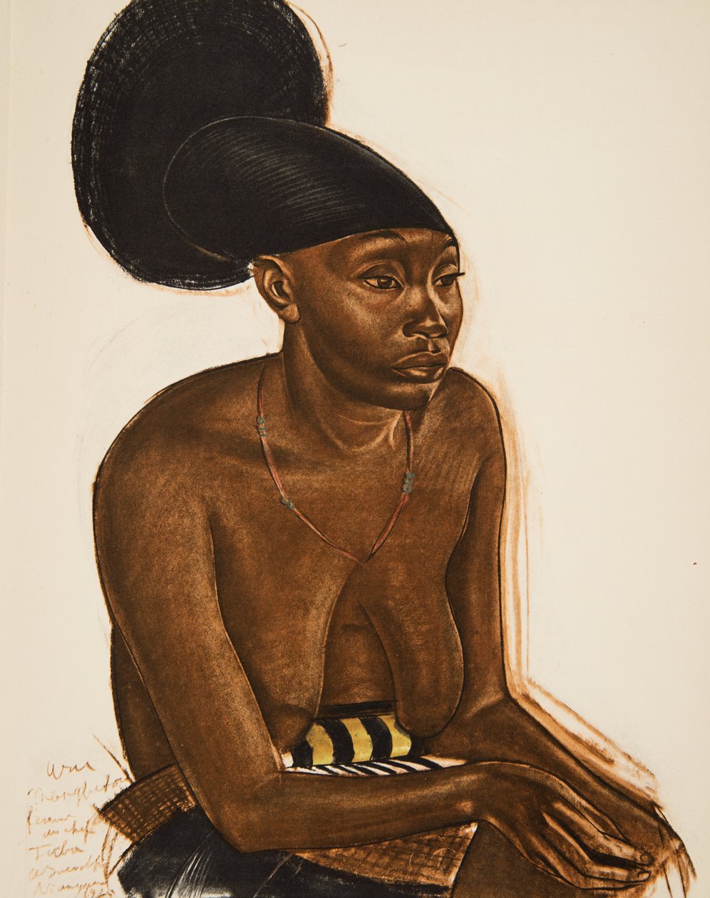 Uru, la Mangbeou (Niangara) haut Ouelle, fra Drawings and Paintings of Africa, udført under Citroen Centre Afrique-ekspeditionen, anden Haardt Audouin-Dubreuil-mission, pub. Paris, 1927 (farve af Alexander Yakovlev