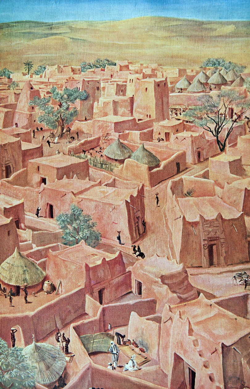 Zinder, fra Drawings and Paintings of Africa, udført under Citroen Centre Afrique-ekspeditionen, anden Haardt Audouin-Dubreuil-mission, pub. Paris, 1927 af Alexander Yakovlev