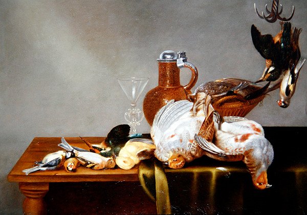 A Still Life of Dead Game med Agerhøns og andre fugle (olie på panel) af Alexander van Adriaenssen