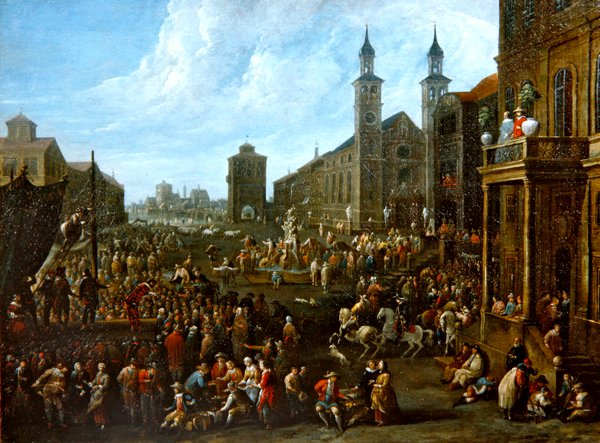 En markedsscene med gadeartister og andre figurer (olie på lærred) af Alexander van Bredael