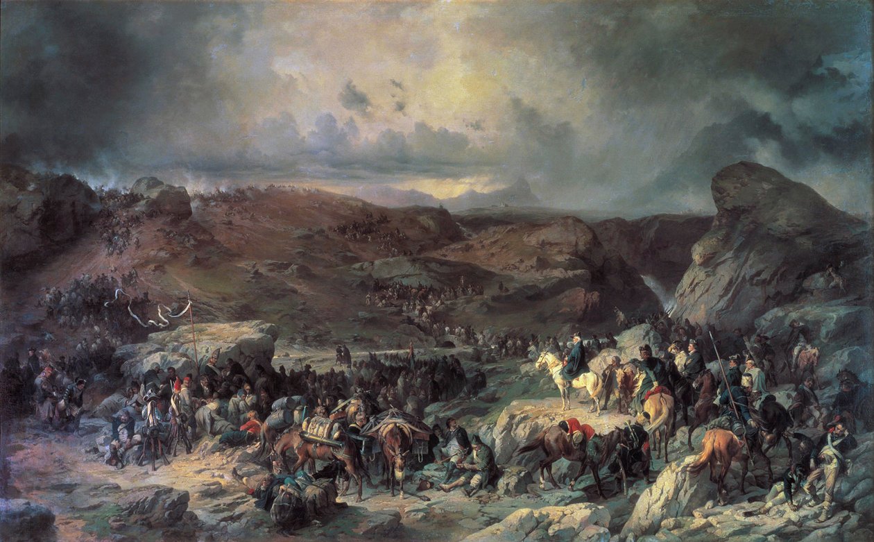 Alexander Suvorovs hær krydser St. Gotthard-passet, september 1799, 1800-tallet. af Alexander von Kotzebue