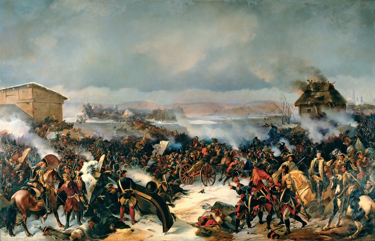 Slaget ved Narva, 19. november 1700. Episode af den store nordlige krig (1700-1721) mellem Sverige og alle de baltiske lande, Danmark, Polen og Rusland. Maleri af Alexander (Alexander) von Kotzebue (1815-1889), olie på lærred af Alexander von Kotzebue