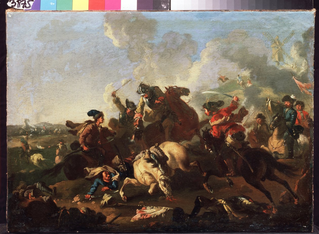 Scene fra slaget ved Poltava (eller Pultawa, Ukraine) (Scene fra slaget ved Poltava). Slaget som fandt sted den 8. juli 1709 mellem hæren af ​​Peter I af Rusland (kendt som Le Grand af Alexander von Kotzebue