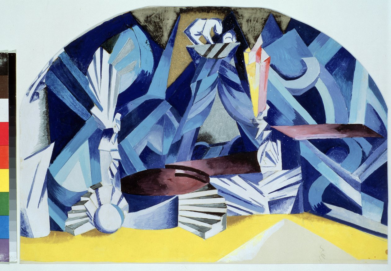 Julies værelse. Scenografi til skuespillet Romeo og Julie af William Shakespeare (1564-1616) (Kostumedesign til teaterstykket Romeo og Julie af W.Shakespeare). Værk af Alexandra Alexandrovna Exter (1882-1949), gouache på pap af Alexandra Alexandrowna Exter