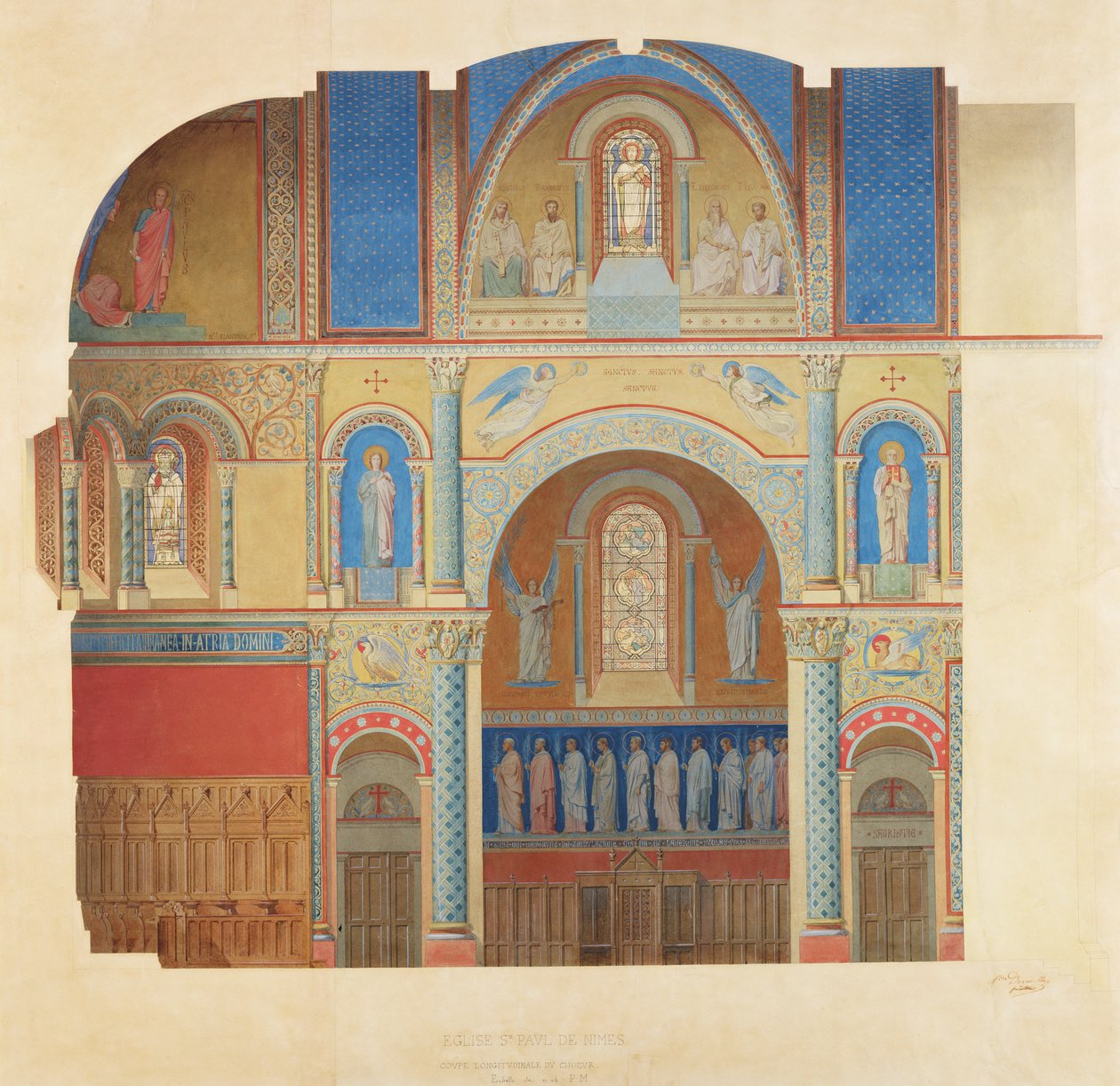 Saint-Paul Church, Nimes, korets længdesnit af Alexandre Dominique Denuelle