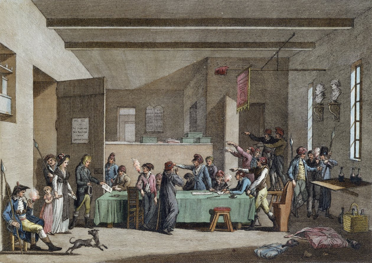 Interiør af en revolutionær komité i 1792-93 (farvestik) af Alexandre Evariste Fragonard