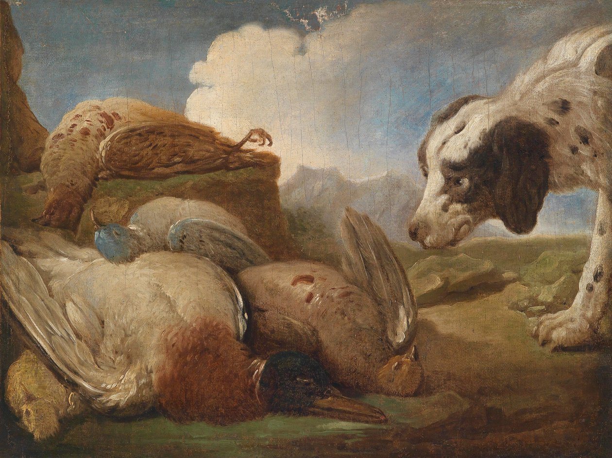 En jagthund, der snuser på de jagede vilde fugle af Alexandre Francois Desportes