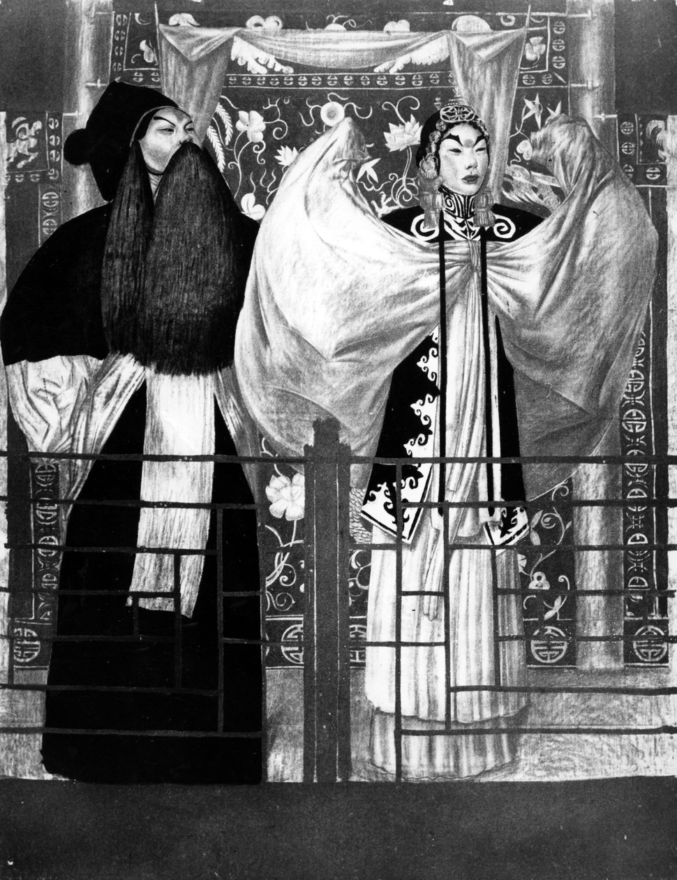 Scene fra skuespillet Nan tien men, illustration fra Le Théatre Chinois af Tchou-Kia-Kien, udgivet i Paris 1922 litho af Alexandre Jacovleff