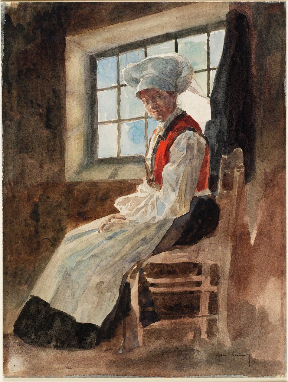 Skandinavisk bondekvinde i et interiør, ca. 1906 (wc med grafit på kort) af Alexandre Lunois