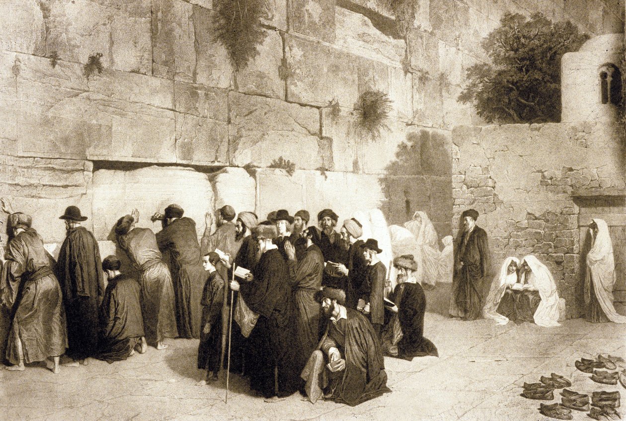 Jødisk folk ved den vestlige mur, Jerusalem, ca. 1880 (gravering) af Alexandre (after) Bida
