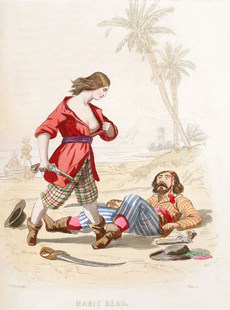 Mary Read viser sig for en besejret fjende, midten af det 19. århundrede (koloreret stik) af Alexandre (after) Debelle