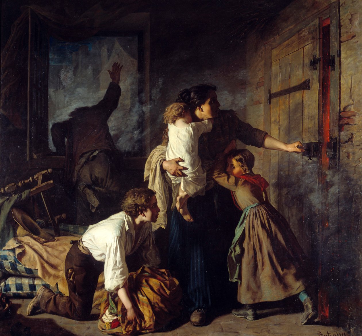Brandsted. En familie, der sidder fast i deres lejlighed, forsøger at undslippe bygningens brand. Familiefaderen tilkalder hjælp fra vinduet. Maleri af Alexander Antigna (1817 - 1878) af Alexandre Antigna