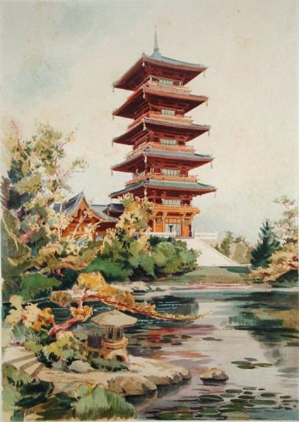 Japansk tårn i den kongelige park i Laeken, Belgien, fra Orientalisme et Architecture Contemporaine, indgraveret af Jules Adolphe Chauvet (f.1828) (se også 171915, 172965, 172990) af Alexandre Auguste Louis Marcel