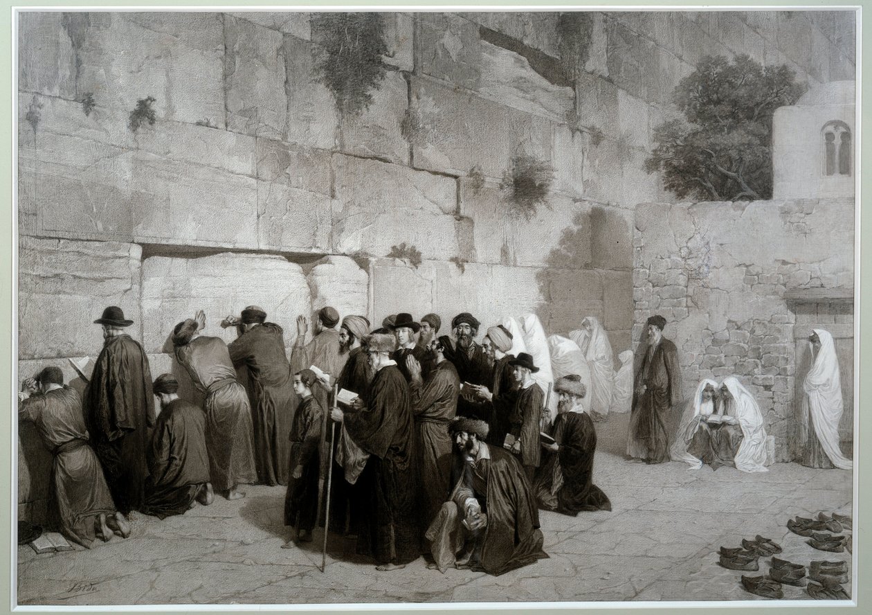 Jødedom: "" Salomons mur""" Mænd og kvinder af jødisk religion beder foran Grædemuren. Før 1857. Tegning af Alexandre Bida (1823-1895), vask, pen og blyant på papir, Dim. 0,61x0,87 m Malmaison, slottets museum af Alexandre Bida