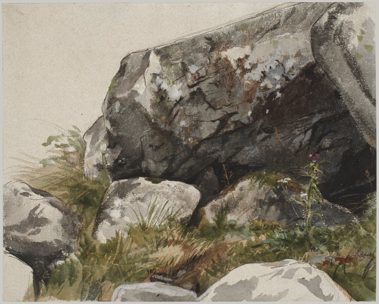 Klippelandskab (akvarel med blæk og kul) af Alexandre Cabanel