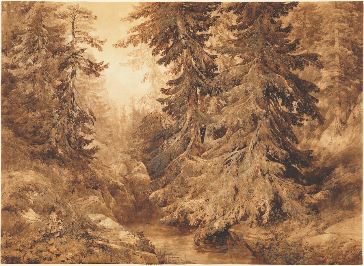 En gammel fyrreskov med en bjergstrøm af Alexandre Calame