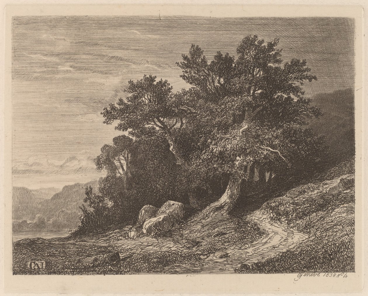 Gamle træer på en bjergskråning af Alexandre Calame