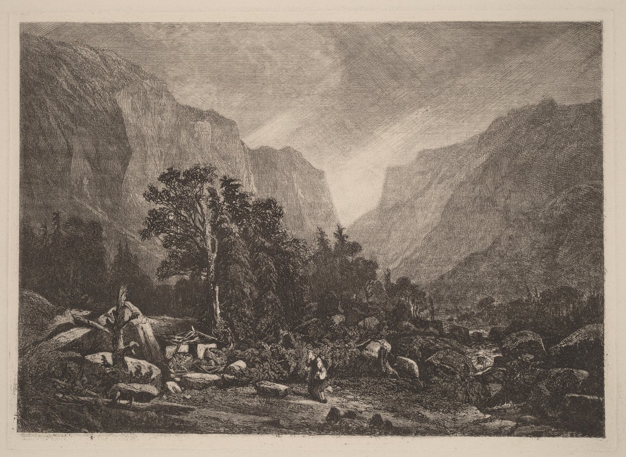 Par ved et forfaldent hus af Alexandre Calame