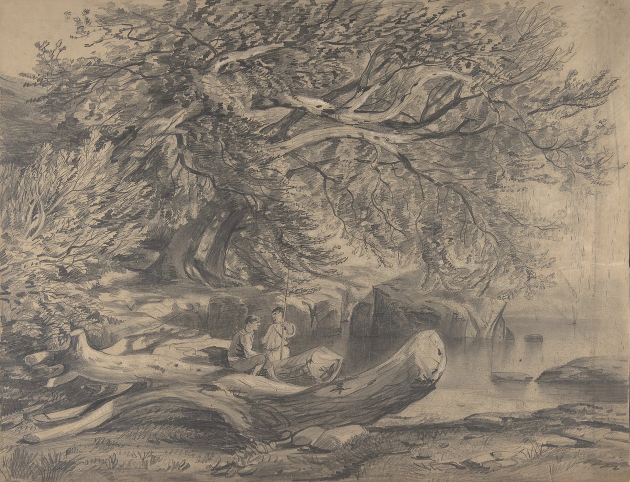 To mænd hviler ved en sø recto..., tidligt til midten af det 19. århundrede. af Alexandre Calame
