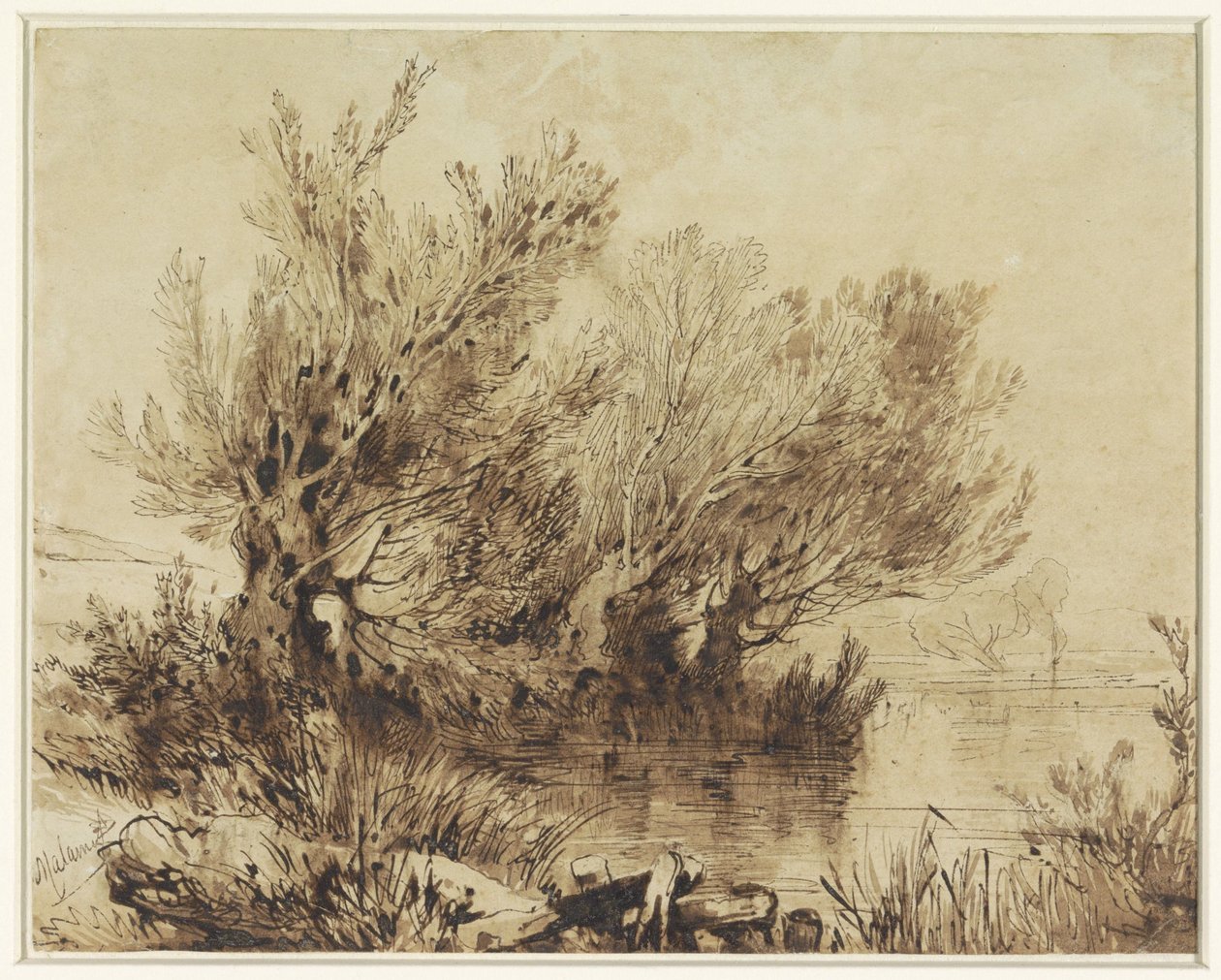 Piletræer på en sø i let skrånende terræn af Alexandre Calame