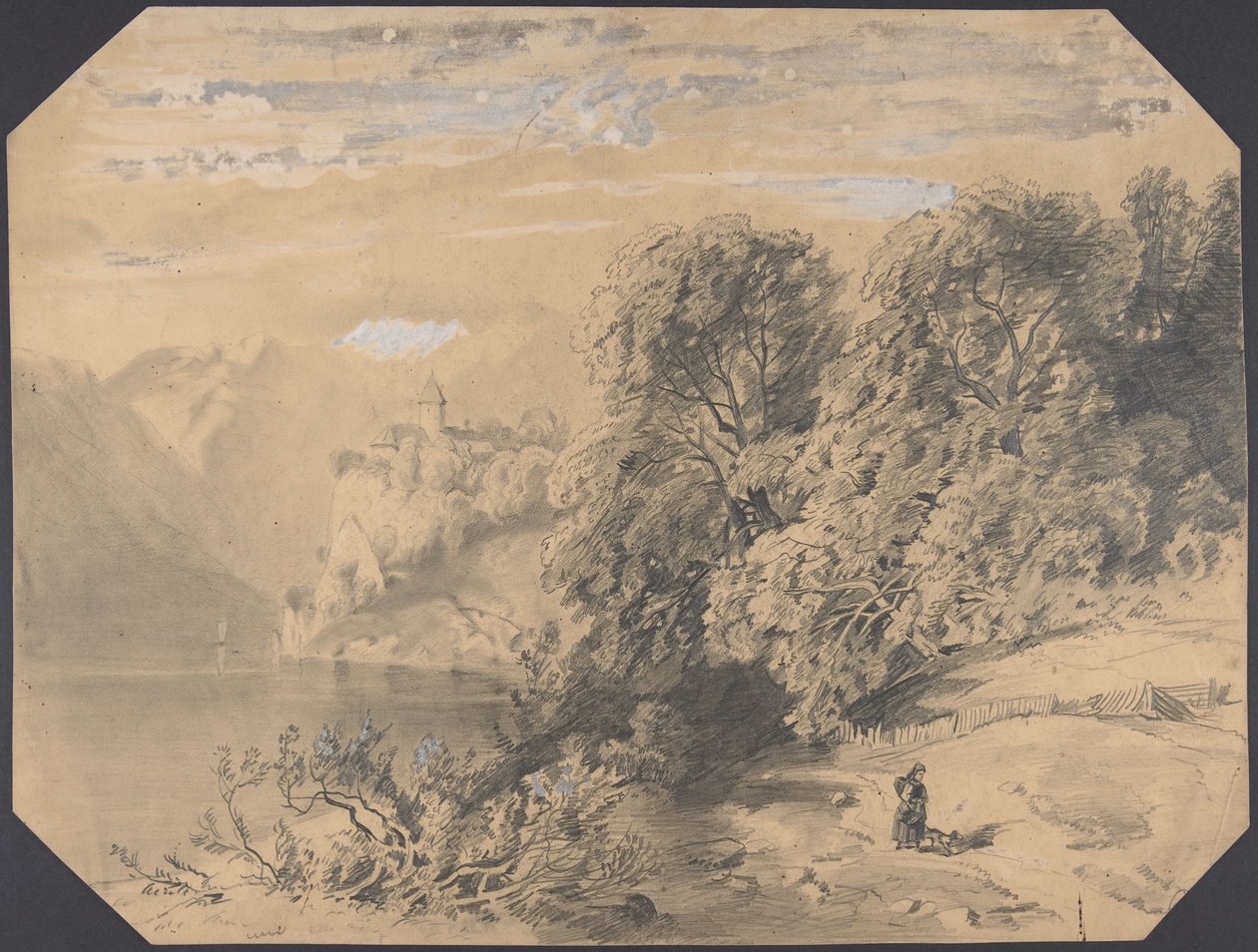 Kvinde med en hund ved en bjergsø af Alexandre Calame