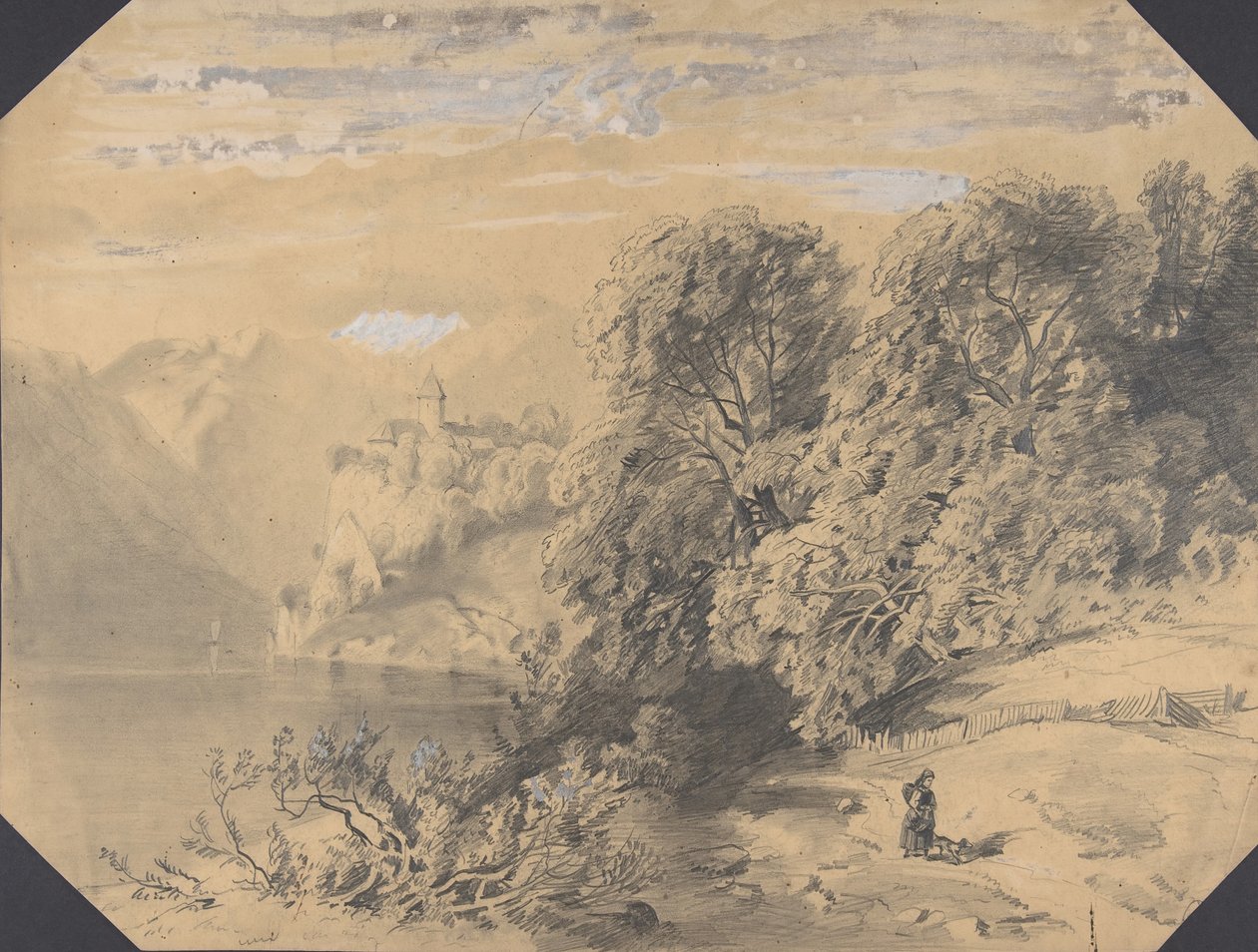 Kvinde med en hund ved en bjergsø, tidligt til midten af 1800-tallet. af Alexandre Calame