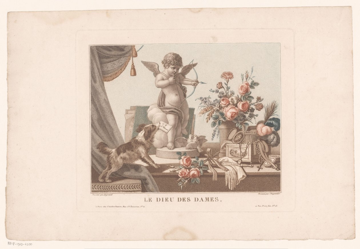 Stilleben på et bord med en hund og en statue af Amor Le Dieu des ladies. (titel på objekt) af Alexandre Chaponnier