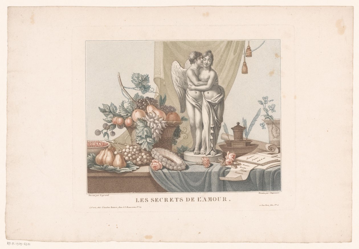 Stilleben på et bord med en statue af Amor og en ung kvinde, muligvis Venus Les secrets de l