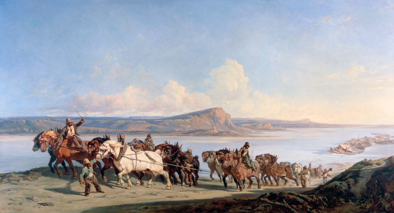 Fastgørelse af heste, der trækker både ned ad Rhone, c1825-1870 af Alexandre Dubuisson