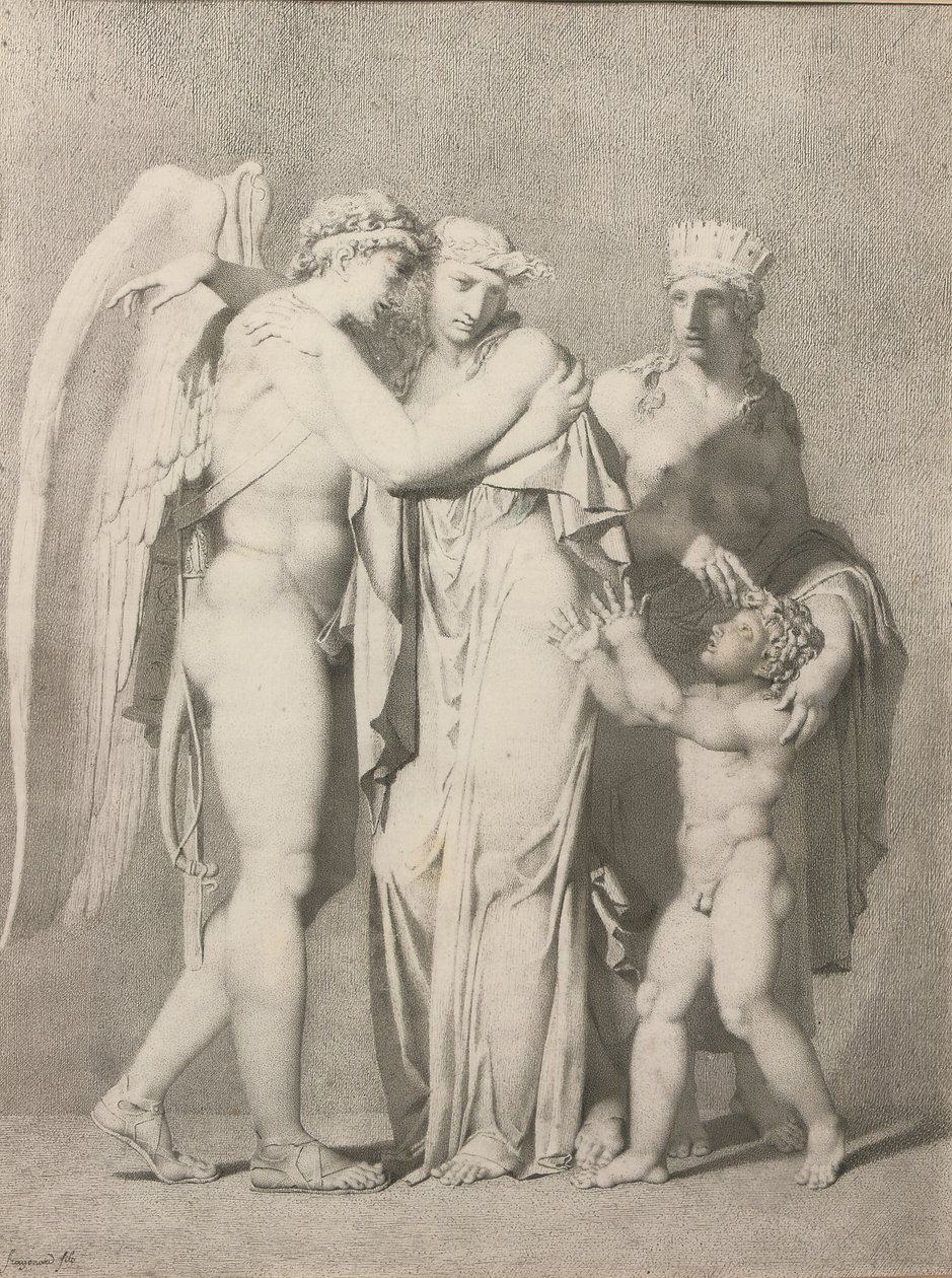 Amor og psyke (blyant og gråt blæk på papir) af Alexandre Evariste Fragonard